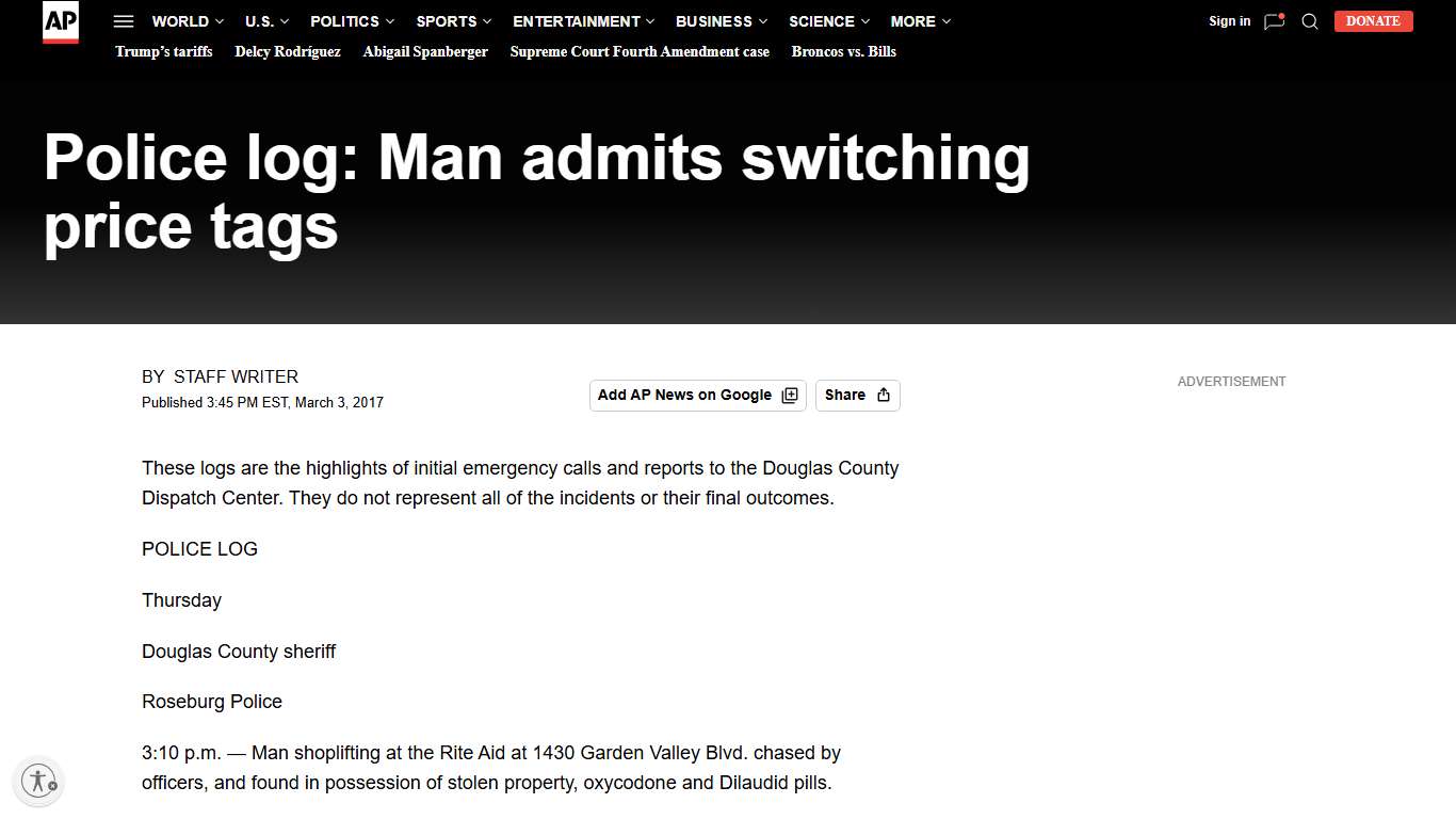 Police log: Man admits switching price tags | AP News