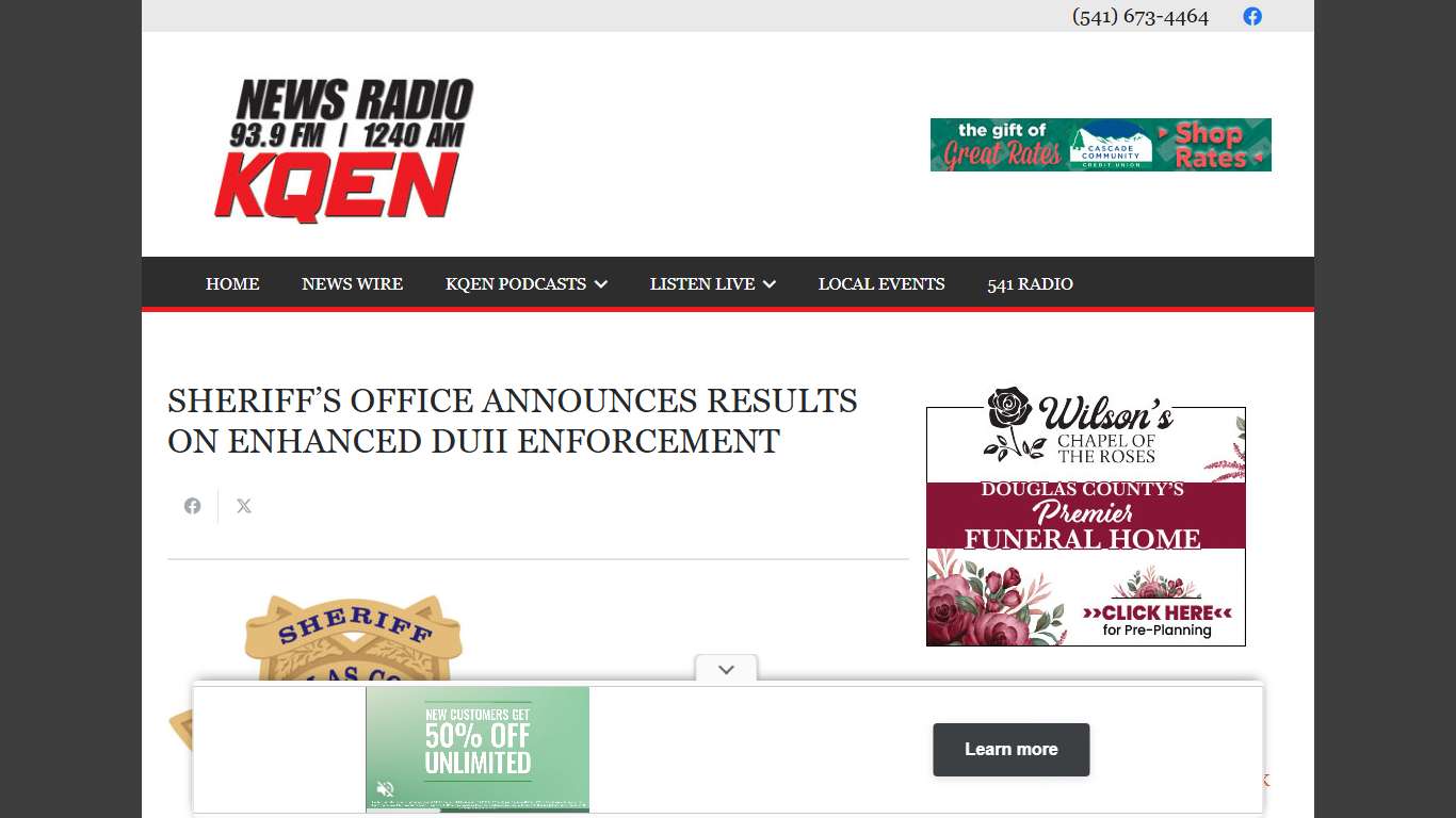 SHERIFF’S OFFICE ANNOUNCES RESULTS ON ENHANCED DUII ENFORCEMENT – KQEN News Radio